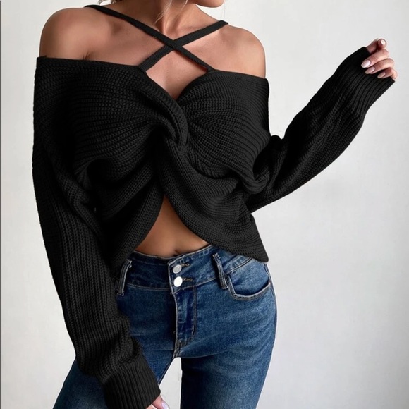 Dusty pink knit twist front cold shoulder sweater - Picture 5 of 12